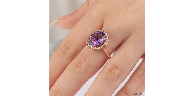10K Rose Gold Amethyst and Diamond Halo Ring, size 6