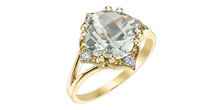 10K Yellow Gold Prasiolite (Green Amethyst) and Canadian Diamond Ring, size 6