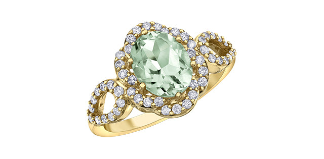 10K Yellow Gold Prasiolite / Green Amethyst and Diamond Ring