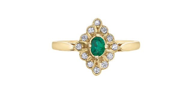 10K Yellow Gold 0.17cttw Genuine Emerald &amp; 0.12cttw Diamond Ring, size 6.5