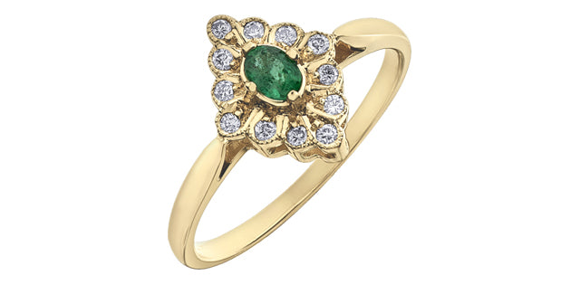 10K Yellow Gold 0.17cttw Genuine Emerald &amp; 0.12cttw Diamond Ring, size 6.5