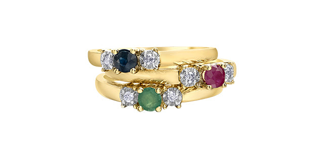 10K Yellow Gold Emerald and Diamond 3 Stone Ring - Size 6