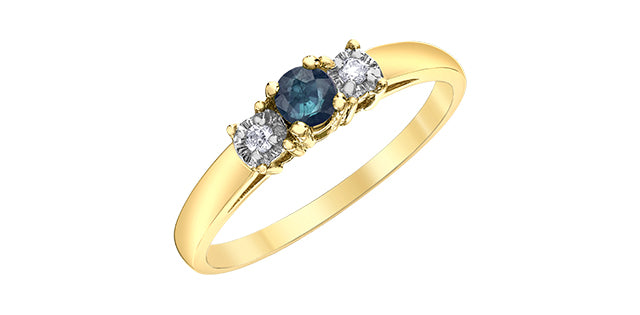 10K Yellow Gold Sapphire and Diamond 3 Stone Ring - Size 6