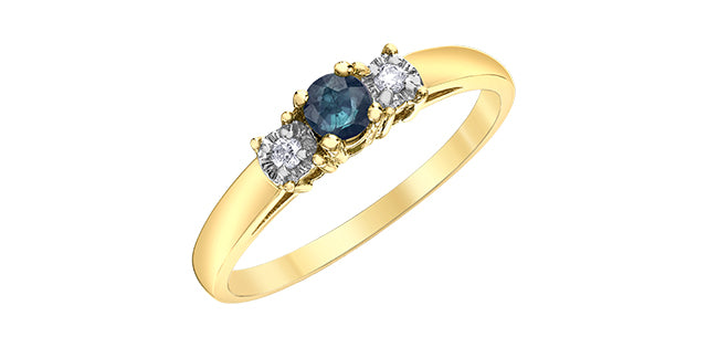 Anillo de oro amarillo de 10 quilates con zafiro y diamantes y 3 piedras - Talla 6