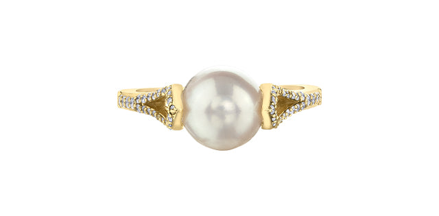 10K Yellow Gold Cultured Pearl and Diamond Ring, Size 6