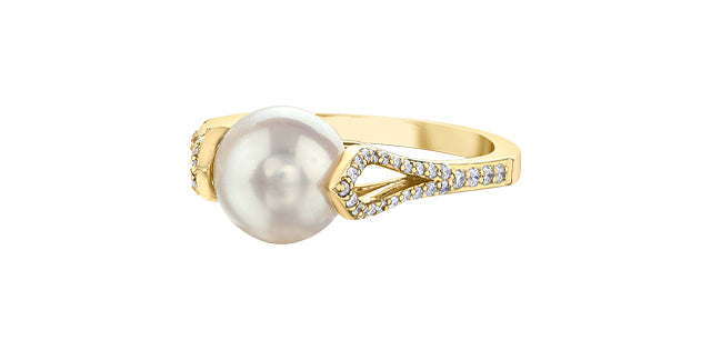 10K Yellow Gold Cultured Pearl and Diamond Ring, Size 6