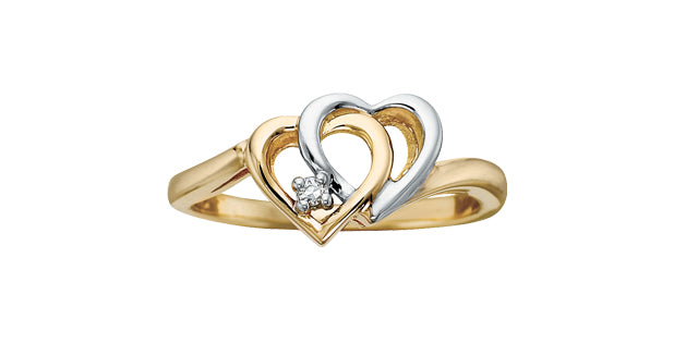 10K Yellow &amp; White Gold Diamond 0.02ctt Double Heart Ring, Size 6.5