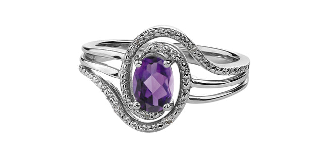 Sterling Silver Amethyst and Diamond Ring, size 6