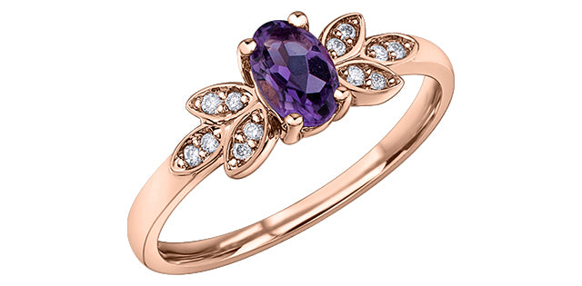 10K Rose Gold Amethyst and Diamond Ring, size 6