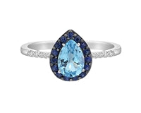 10K White Gold 7x5mm Pear Cut Sky Blue Topaz with Blue Sapphire Halo and 0.10cttw Diamond Ring - Size 7