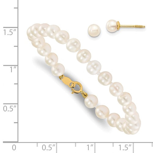 Juego de pulsera y aretes de perlas cultivadas de agua dulce blancas de 14 quilates, 4-5 mm