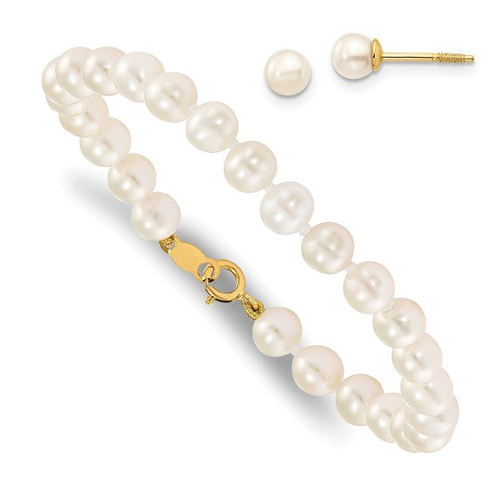Juego de pulsera y aretes de perlas cultivadas de agua dulce blancas de 14 quilates, 4-5 mm