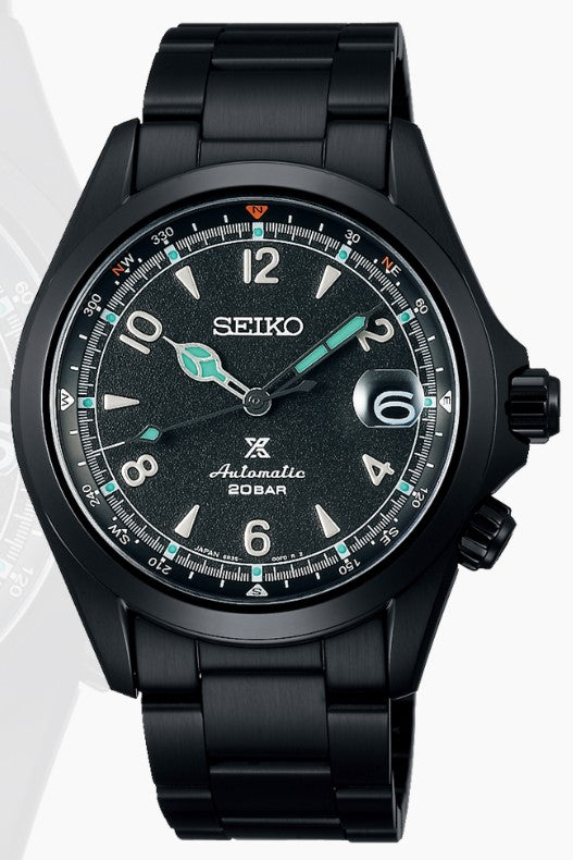 Black Seiko watch with detailed face on a white background