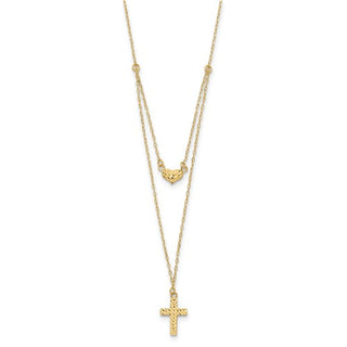 14k Polished 2-Strand Diamond Cut Cross and Heart with 2in. Ext. Necklace - 16-18 Inches
