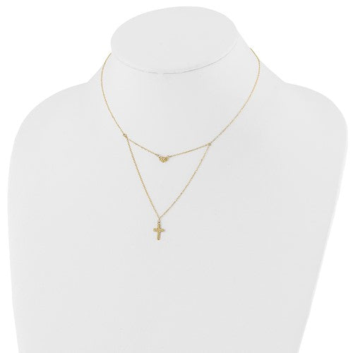 14k Polished 2-Strand Diamond Cut Cross and Heart with 2in. Ext. Necklace - 16-18 Inches