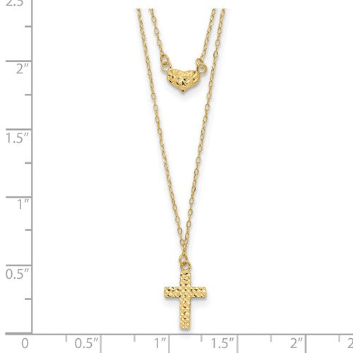 14k Polished 2-Strand Diamond Cut Cross and Heart with 2in. Ext. Necklace - 16-18 Inches