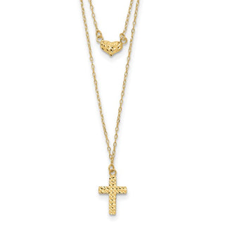 14k Polished 2-Strand Diamond Cut Cross and Heart with 2in. Ext. Necklace - 16-18 Inches