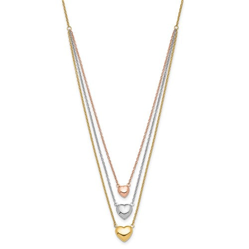 14K Tri-color Three Tone Gold Heart with 1in ext. Necklace- 16 Inches
