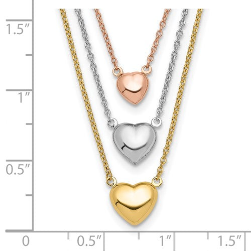 Corazón de oro tricolor de tres tonos de 14 quilates con extensión de 1 pulgada. Collar- 16 pulgadas 