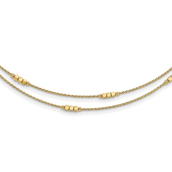14K Polished D/C Beaded Double Strand with 1 inch ext. Necklace - 17-18 Inches