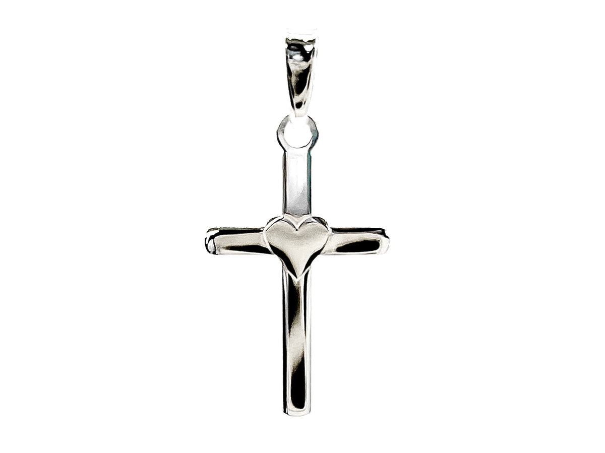 925 Sterling Silver 25mm x 15mm Flat Cross Charm with a Heart Center