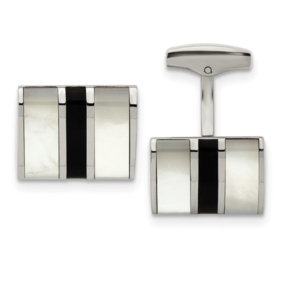 Stainless Steel Polished Mother Of Pearl and Black Onyx Cufflinks