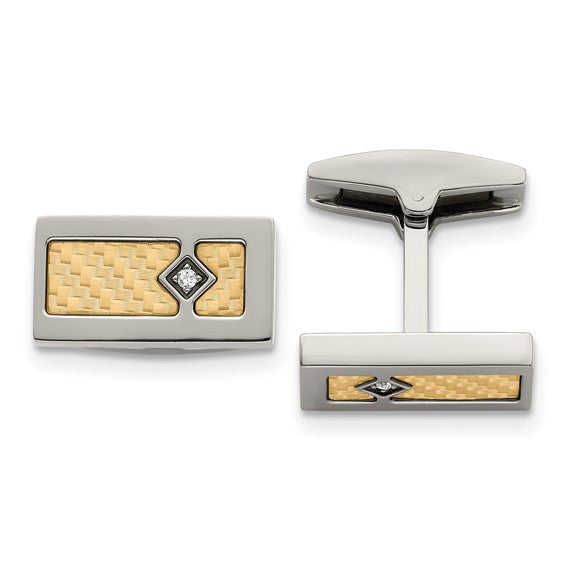 Stainless Steel with18k Gold Accent Polished and Textured .03 Carat Diamond Cufflinks