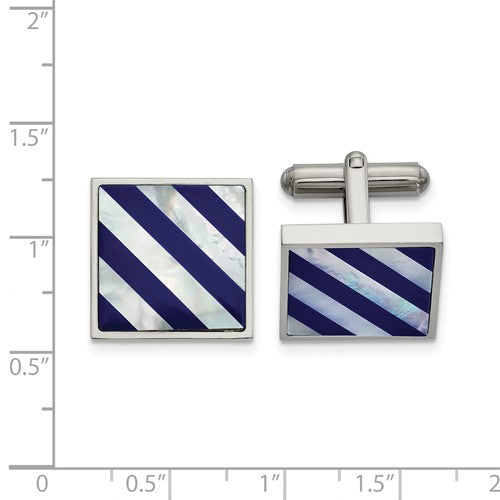 Stainless Steel Polished with Mother of Pearl and Blue Shell Inlay Cufflinks