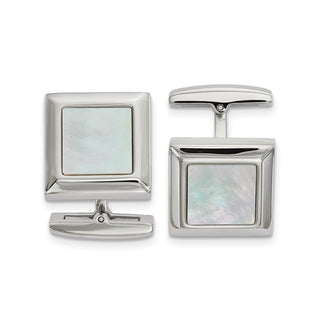 Pair of silver cufflinks with square design on a white background