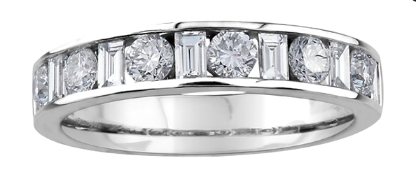 14K White Gold Baguette and Round Brilliant Cut Channel Set Diamond Band - Size 6.5