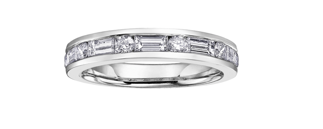 14K White Gold Baguette and Round Brilliant Cut Channel Set Diamond Band - Size 6.5