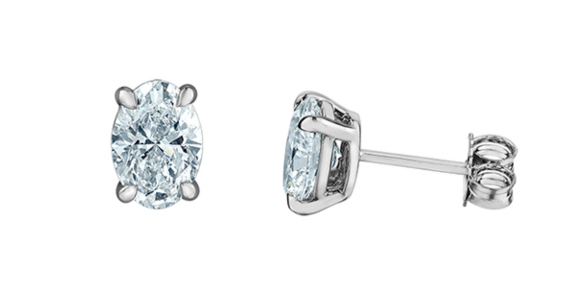 14K White Gold 1.00-2.00cttw Lab Grown Oval Shape Diamond Solitaire Claw Set Style Earrings
