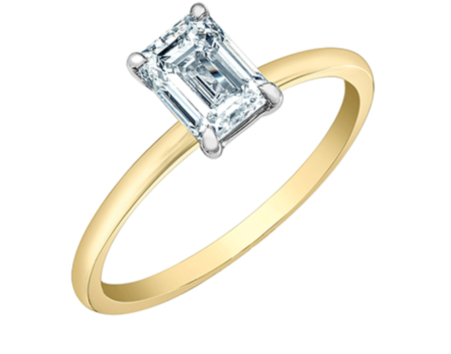 14K Lab Grown Emerald Cut Four Claw Diamond Ring