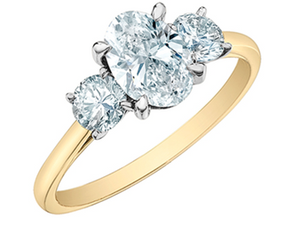 Anillo de diamantes brillantes redondos y ovalados de 3 piedras cultivados en laboratorio de 14 quilates