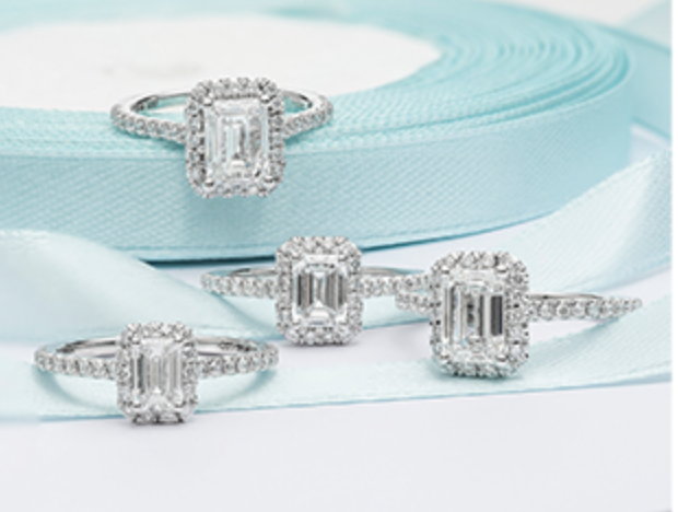 14K Lab Grown Emerald Cut Halo Style Diamond Ring