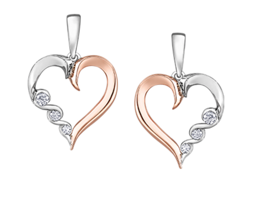 Pendientes colgantes en forma de corazón con diamantes de 0,14 quilates en oro blanco y rosa de 10 quilates