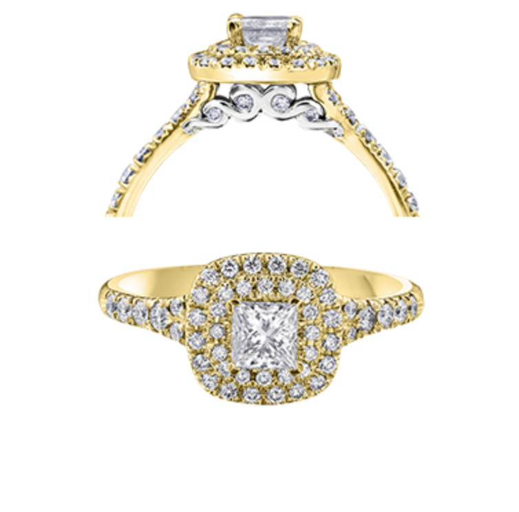 18K White Gold/Palladium Alloy (hypoallergenic) 0.77cttw Princess Double Halo Diamond Ring