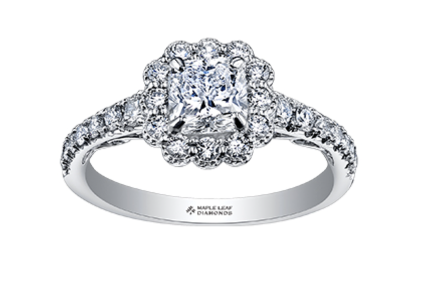 18K White Gold/Palladium Alloy (hypoallergenic) 1.10-1.70cttw Cushion Flower Halo Diamond Ring