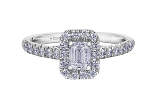 Anillo de diamantes con halo de talla esmeralda de 1,00 quilates (hipoalergénico) en oro blanco de 18 quilates y aleación de paladio