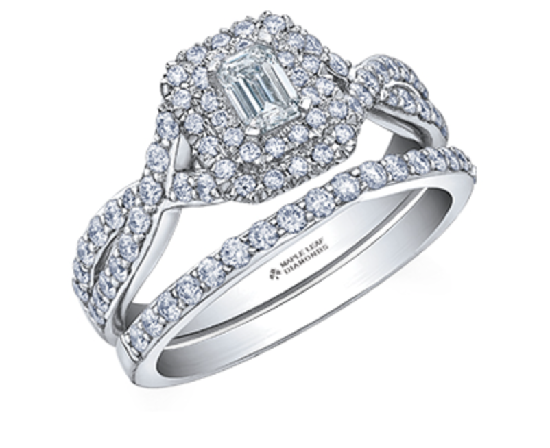 18K White Gold/Palladium Alloy (hypoallergenic) 1.00cttw Emerald Cut Double Halo Diamond Ring