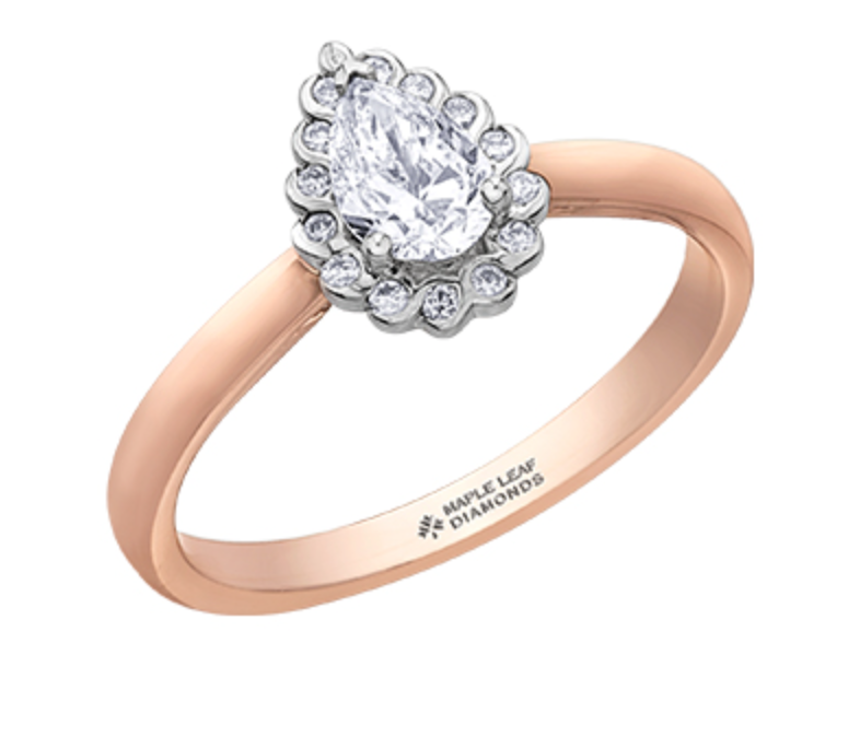 Anillo con halo de diamantes en forma de pera de 0,62 quilates (hipoalergénico) en oro rosa de 18 quilates y aleación de paladio