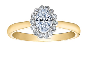 Anillo con halo de diamantes de forma ovalada de 0,51 quilates (hipoalergénico) en oro amarillo de 18 quilates y aleación de paladio
