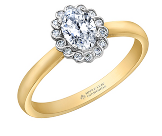Anillo con halo de diamantes de forma ovalada de 0,51 quilates (hipoalergénico) en oro amarillo de 18 quilates y aleación de paladio