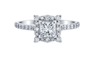 Anillo de diamantes con halo de talla princesa (hipoalergénico) en oro blanco de 18 quilates y aleación de paladio