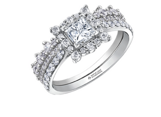 Anillo de diamantes con halo de talla princesa (hipoalergénico) en oro blanco de 18 quilates y aleación de paladio