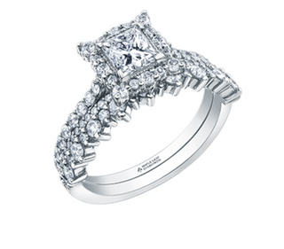 Anillo de diamantes con halo de talla princesa (hipoalergénico) en oro blanco de 18 quilates y aleación de paladio