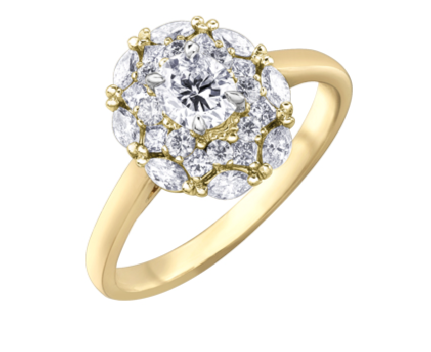 18K Yellow Gold/Palladium Alloy (hypoallergenic) 1.18cttw Round Brilliant Halo Diamond Ring