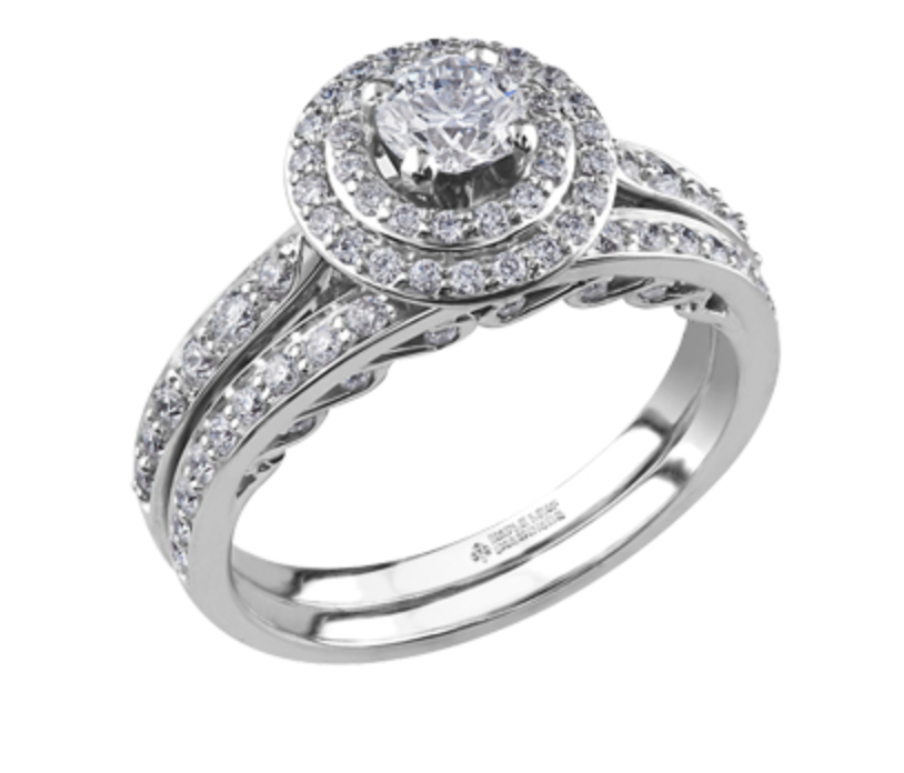 18K White Gold/Palladium Alloy (hypoallergenic) 0.90cttw Round Brilliant Double Halo Diamond Ring