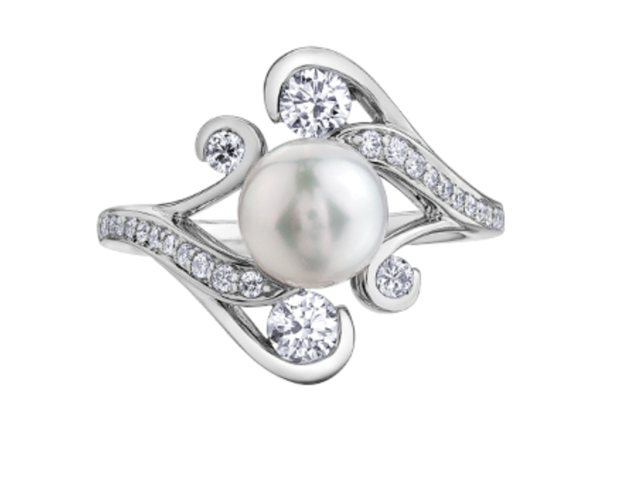Anillo de perlas y diamantes de 0,59 quilates en oro blanco de 18 quilates y paladio (hipoalergénico)