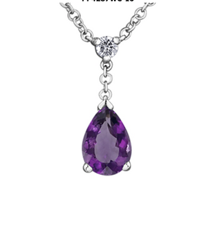 Colgante de oro blanco de 10 quilates con amatista genuina en forma de pera y diamante canadiense, 18"